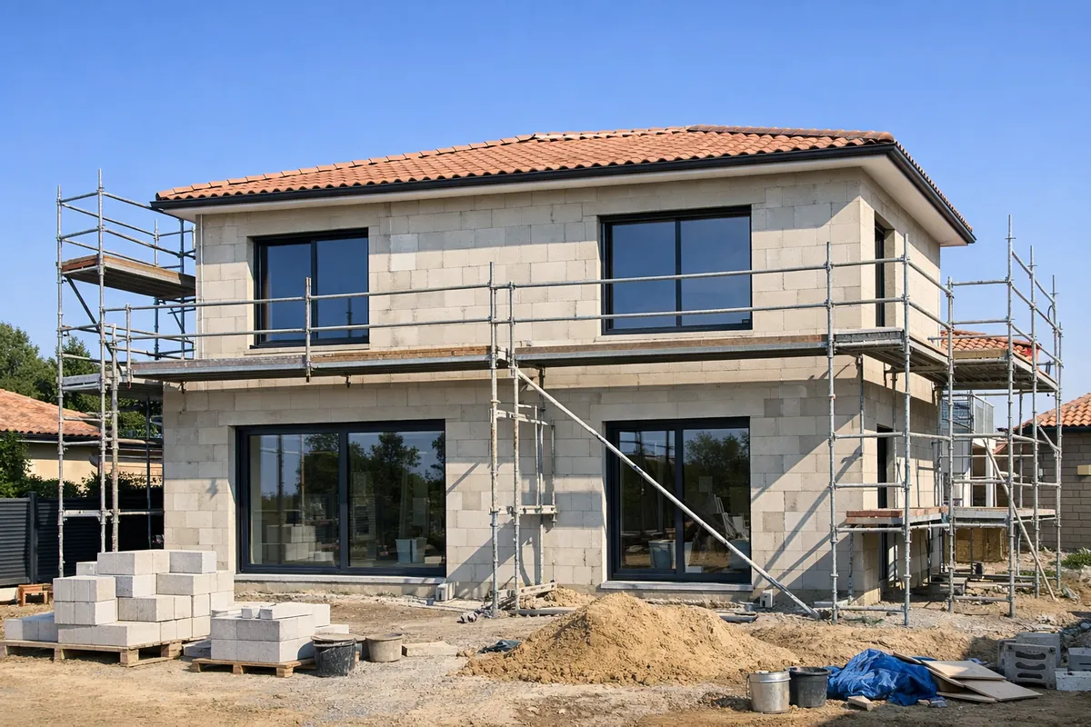 Bloc-baie avec volet roulant intégré sur une maison neuve en construction dans le nord toulousain