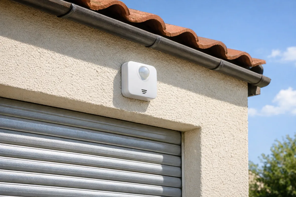 Capteur de soleil sans fil fixé sur une façade au-dessus de volets roulants aluminium
