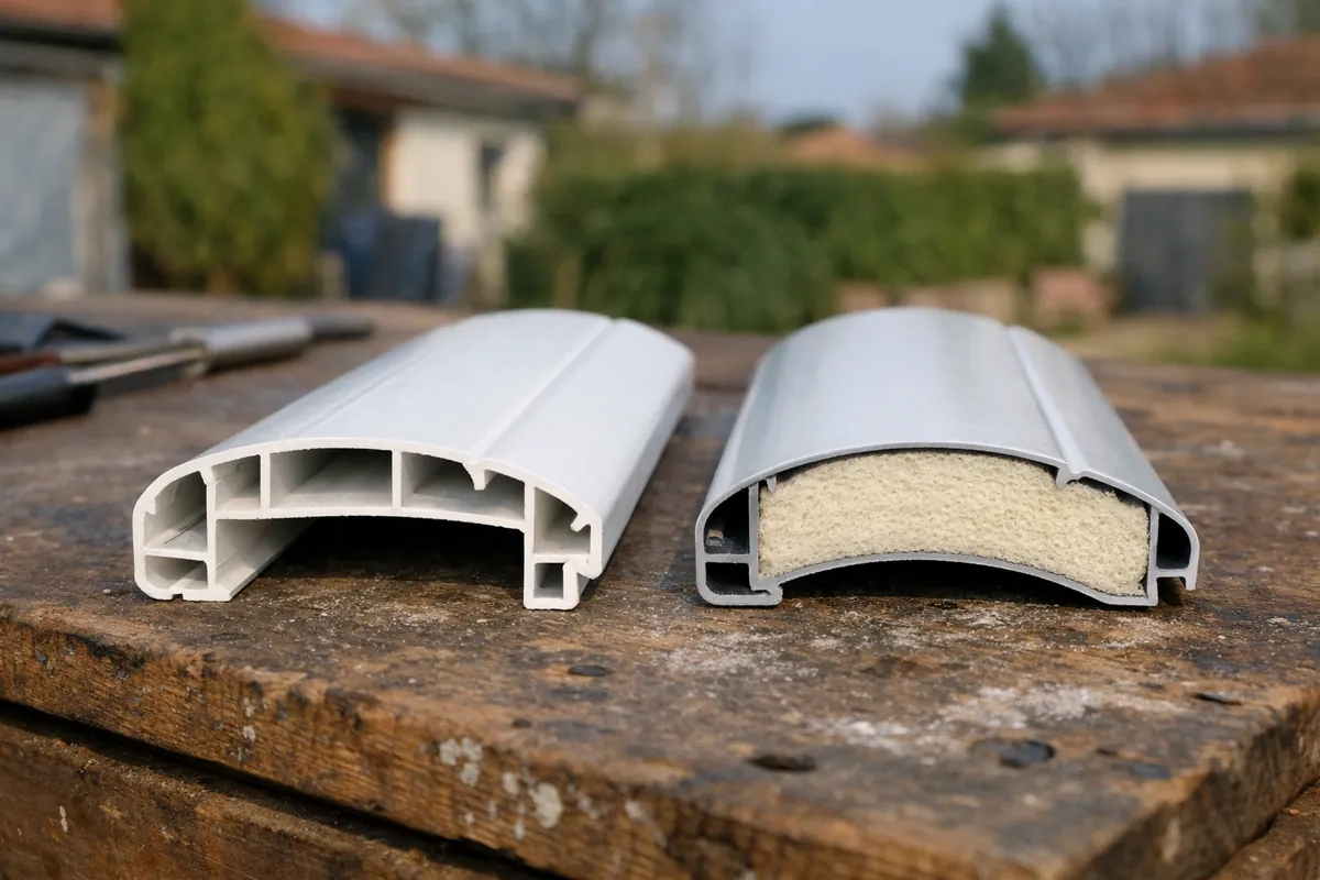 Échantillons de lames de volet roulant en PVC et en aluminium injecté posés côte à côte