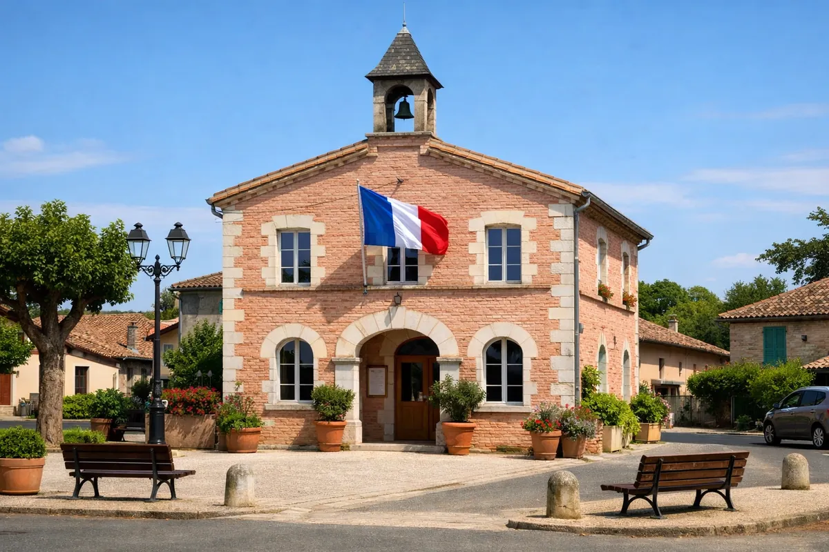 Mairie de village en brique rose avec drapeau, dans le nord toulousain