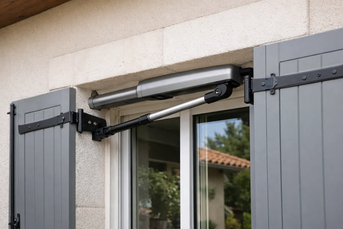 Bras articulés de motorisation Somfy installés sur des volets battants aluminium