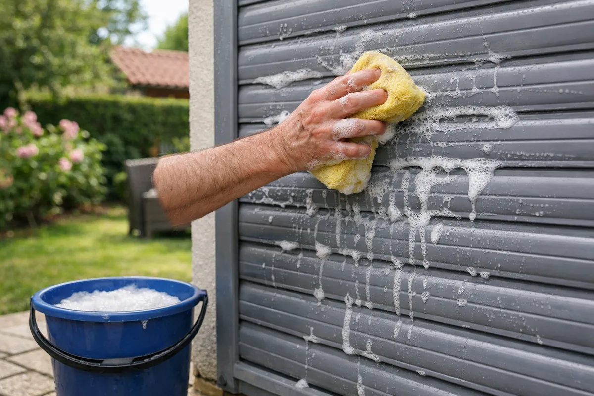 Nettoyage à l'éponge d'un tablier de volet roulant aluminium, eau savonneuse dans un seau