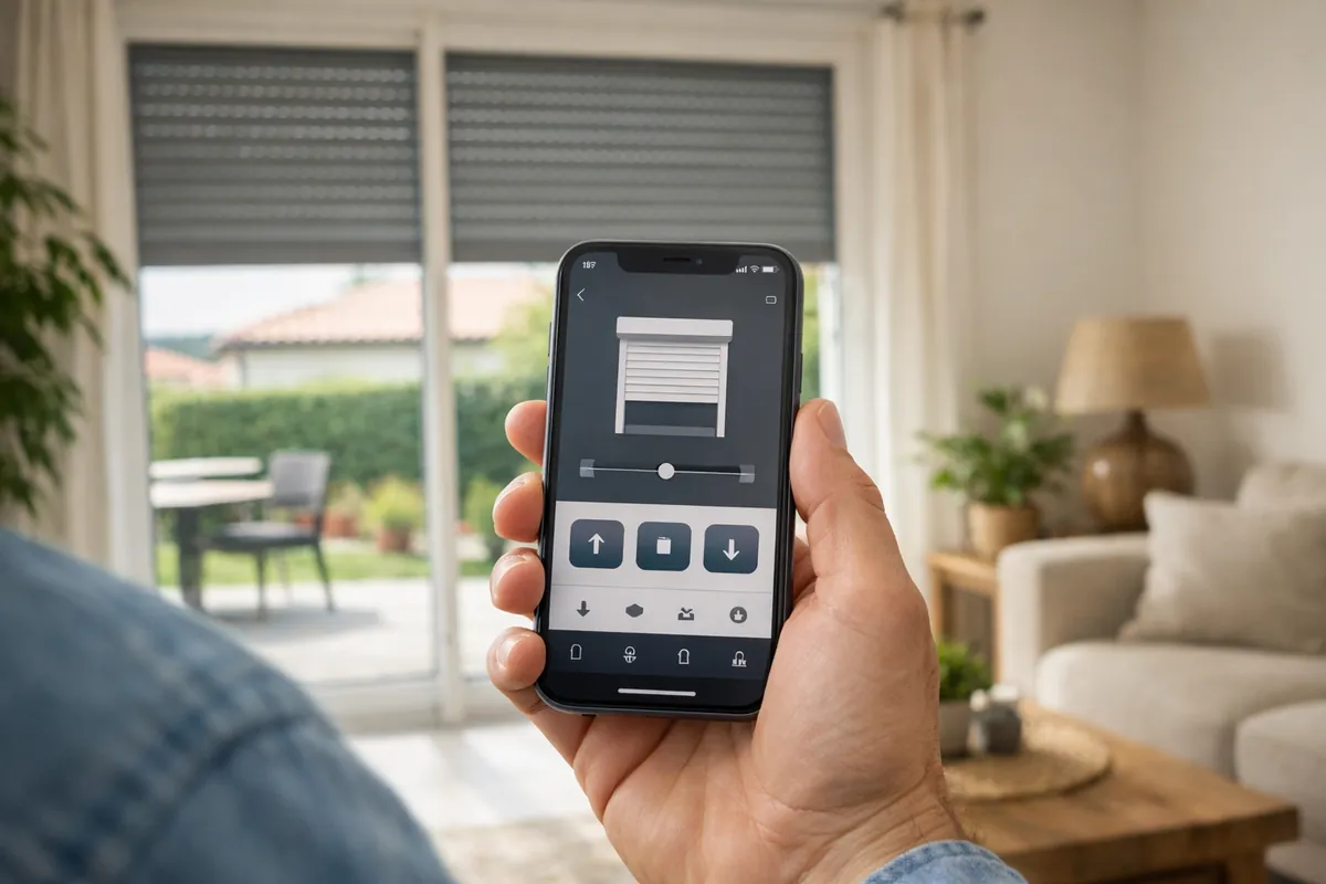 Smartphone affichant l'application de pilotage des volets roulants dans un salon lumineux
