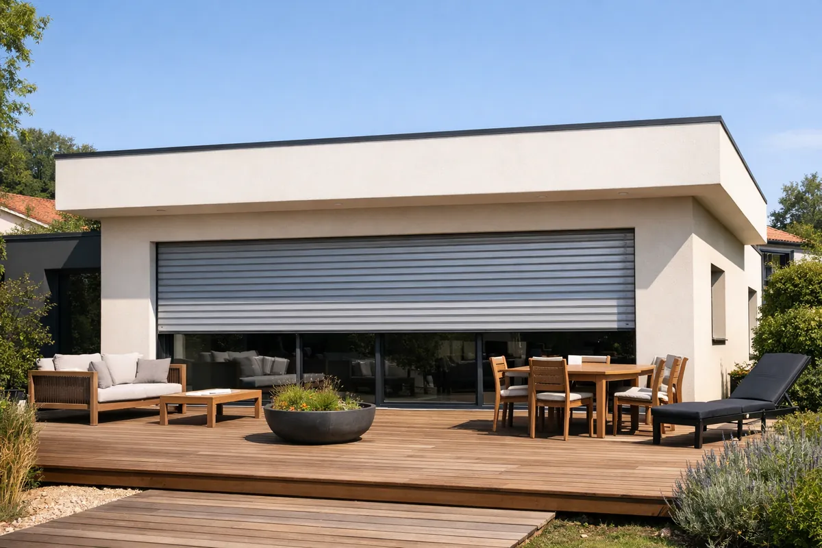 Volet roulant électrique aluminium sur une baie vitrée de maison contemporaine au nord de Toulouse
