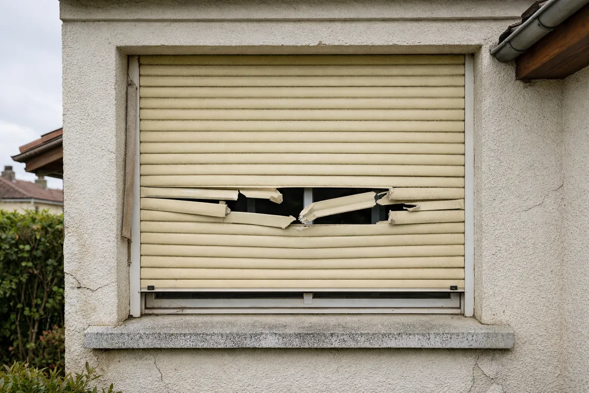Ancien volet roulant PVC à sangle, jauni et abîmé, avant remplacement par un volet rénovation aluminium