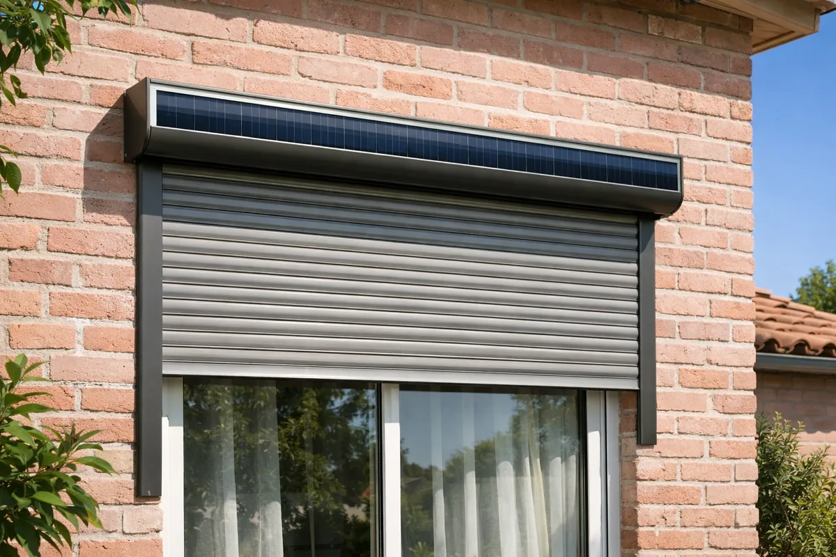 Volet roulant solaire avec panneau photovoltaïque intégré au coffre sur une maison en brique