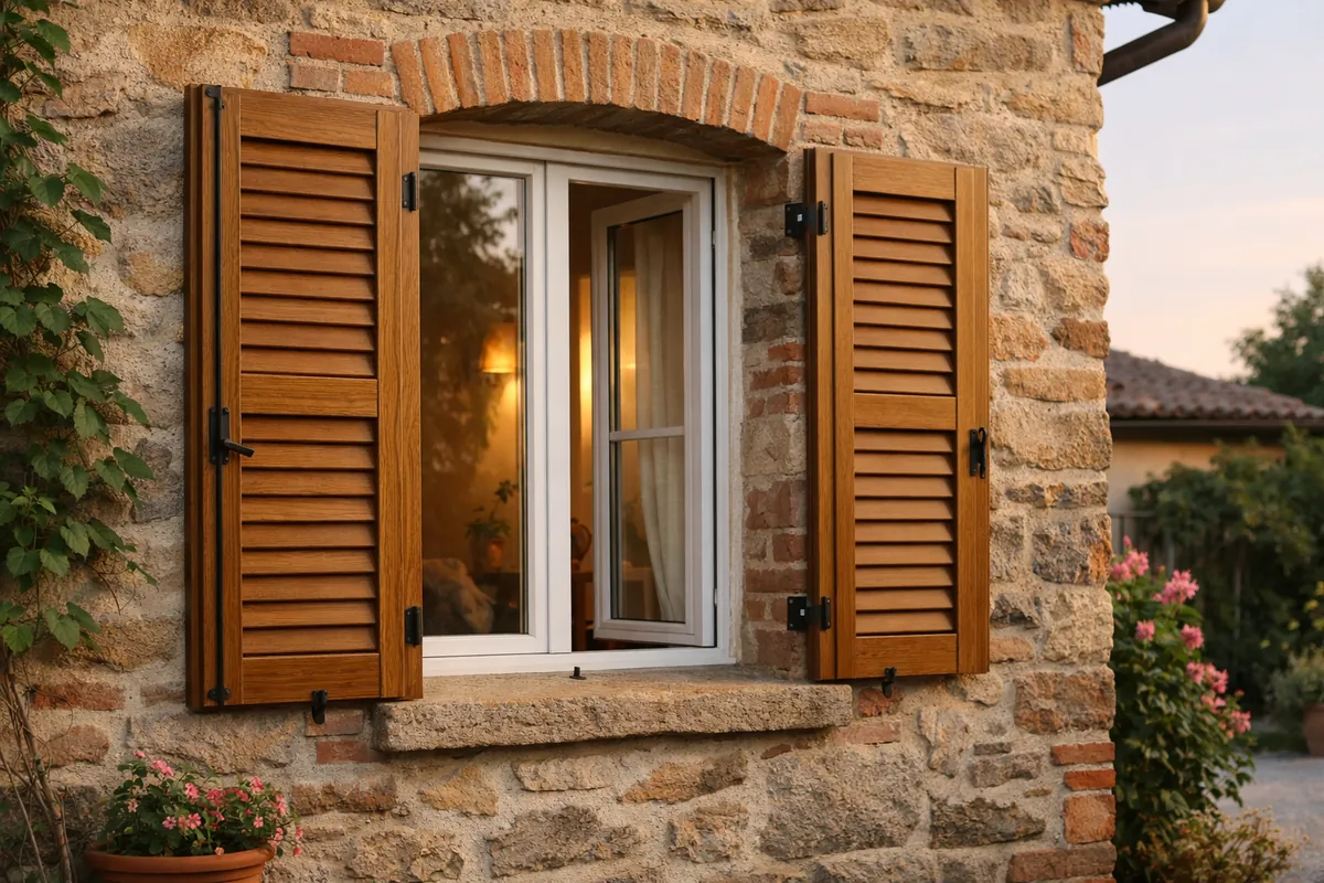 Volets battants aluminium finition aspect bois avec persiennes sur une maison de village